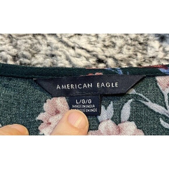 American Eagle Womens Size Large Boho Blue Floral Tie Front Blouse Top Cottage - Picture 5 of 8